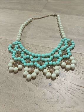 Aqua & Cream Beaded Statement Necklace with Gold Accents - Women Jewelry
